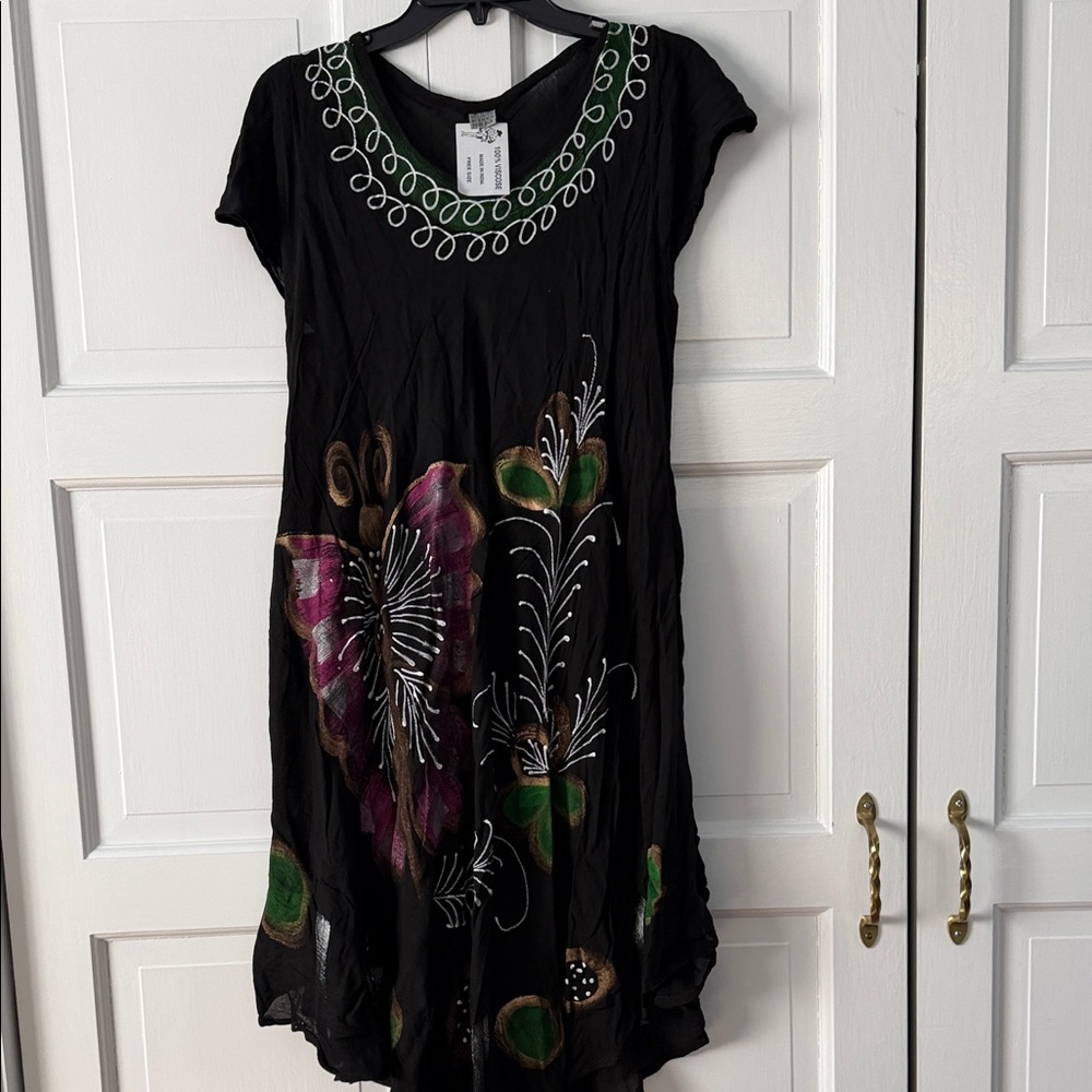 Black Floral Midi Dress with Embroidered Neckline
